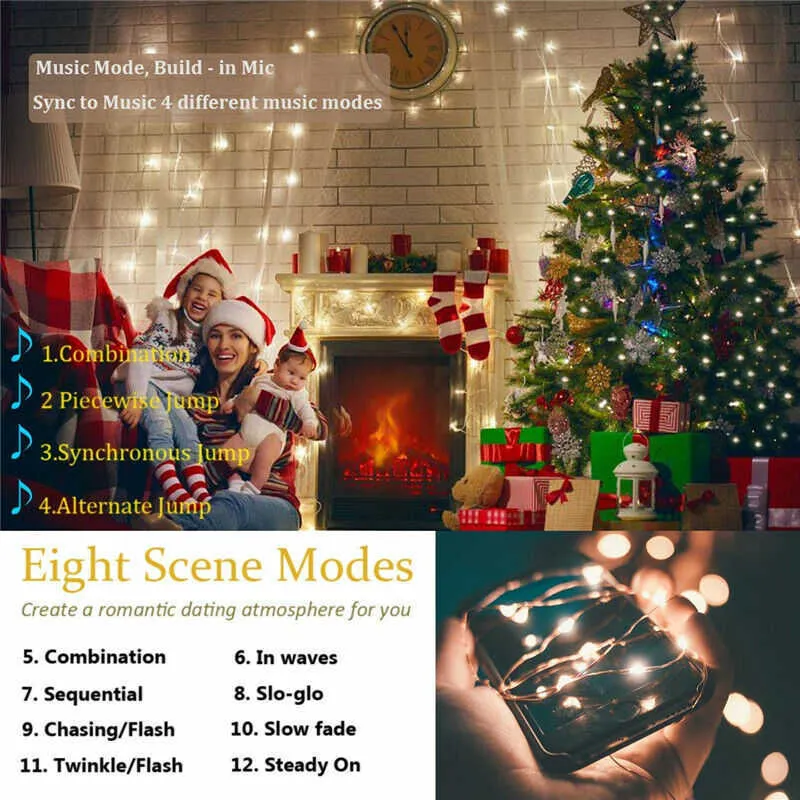 Étanche LED De Noël Fée Guirlande Lumineuse USB Fil De Cuivre RVB Dimmable Timing Fête De Mariage Chaîne Lampe Décor Extérieur Y0720