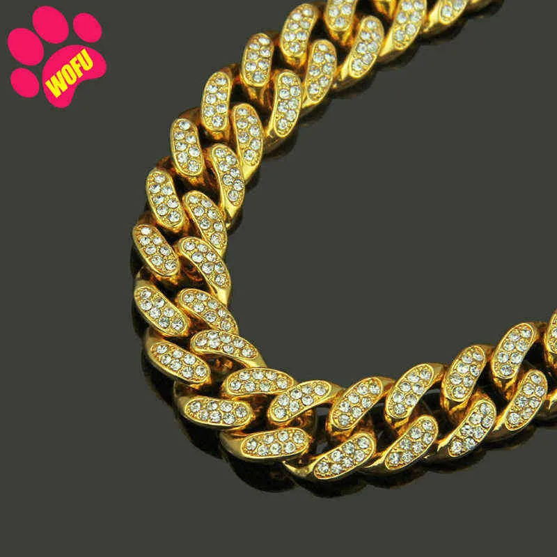 Wofuwofu Diamond Gold Dog CollarsStepstreing inoxid de acero inoxidable Collar correa de metal Cristal de lujo Gran Pitbull de cuero para perros H1124530702