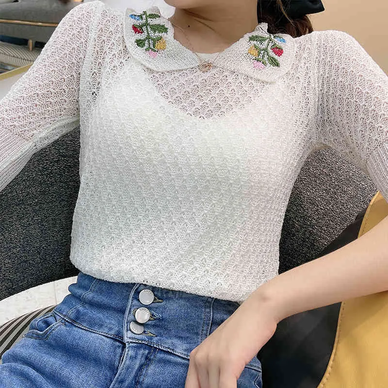 Embroidered short thin knit sweater summer style hundred Korean fashion short-sleeved knitted top women's clothing 210520