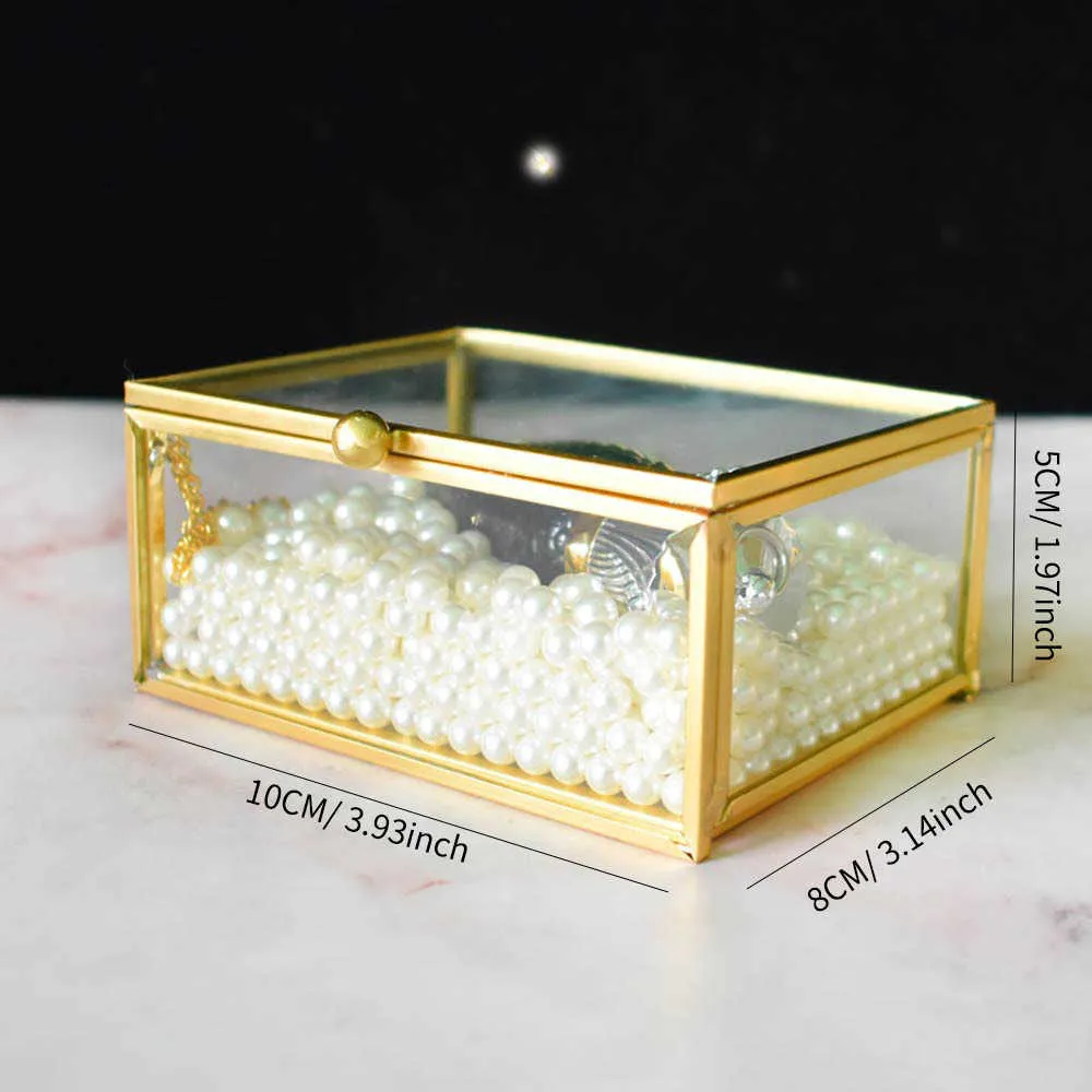 Open Lid Jewelry Ring Box Verre Rectangulaire Transparent Petit Rangement Avec Bordure Dorée Et 210922