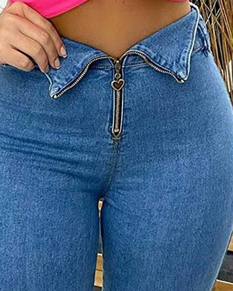 Zipper Design High Waist Skinny Jeans Kobiety Dorywczo Dżinsowe Spodnie 210708