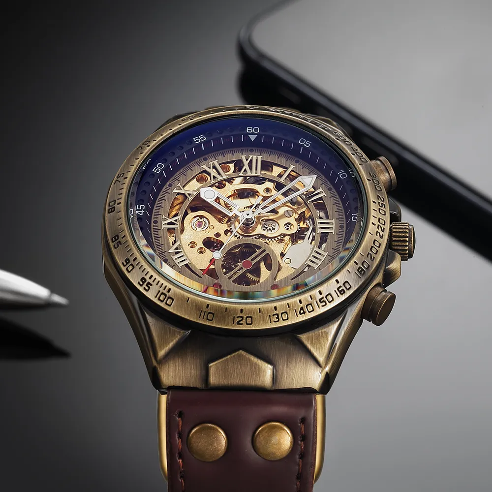 Кожа Механические часы Мужчины Автоматические стимпанк часы мужские скелетные часы бронзовые прозрачные винтажные спортивные наручные часы Male3366