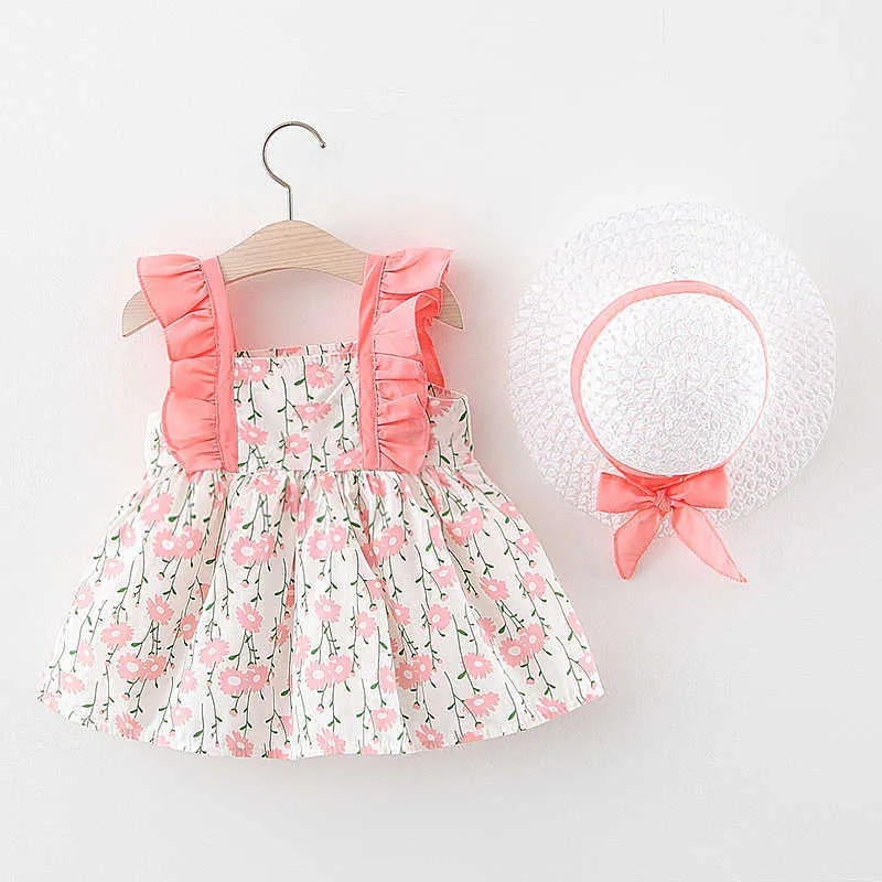 2021 estate neonato vestito dalla ragazza infantile casual stampato abiti da principessa le ragazze compleanno vestito con cappello abbigliamento abiti Q0716