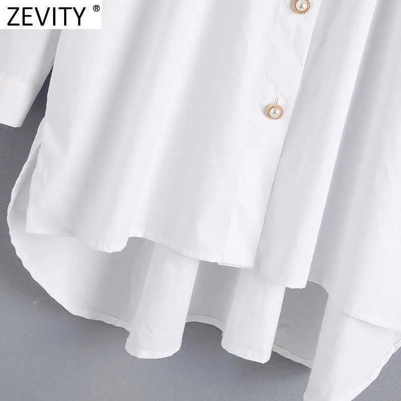 Zevity Women Fashion Diamond Buttons Decoration White Poplin Smock Blouse Office Ladies Loose Shirts Chic Blusas Tops LS7408 210603