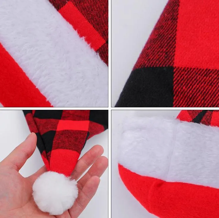 Pom Plaid Plush Hat Christmas Party Dress Up Decoration Santa Cap Gift Adult SN3455