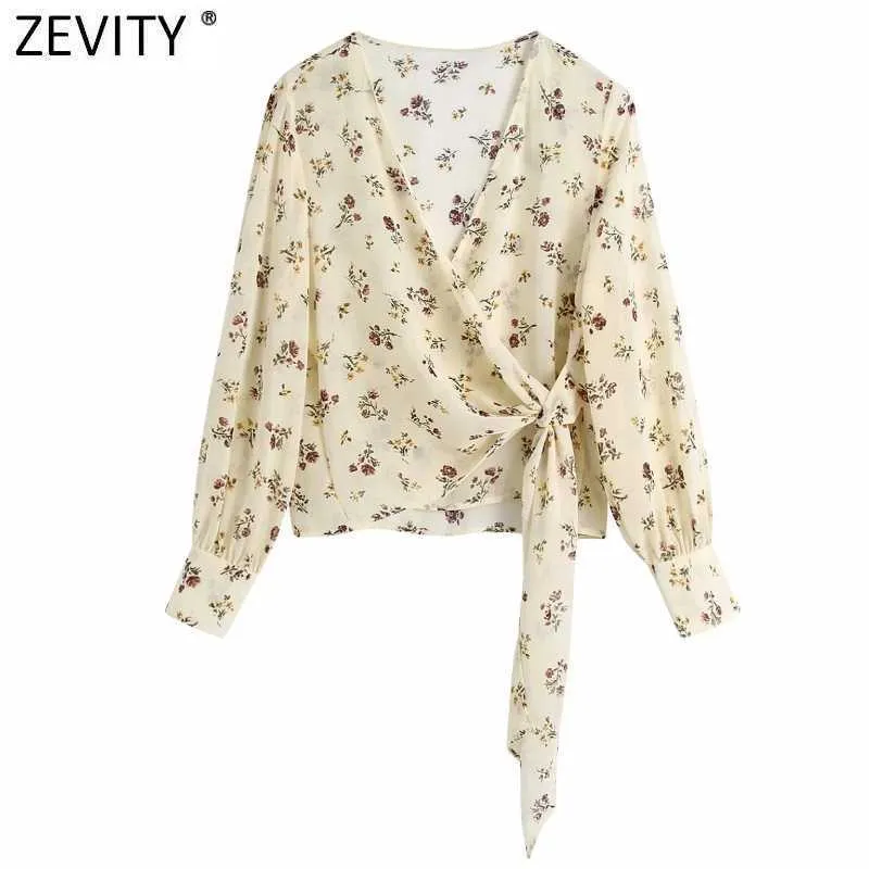 Zevity Frauen Elegante Kreuz V-ausschnitt Blumendruck Chiffon Smock Bluse Weibliche Saum Schleife Gebunden Kimono Shirt Chic Blusas Tops LS9191 210603