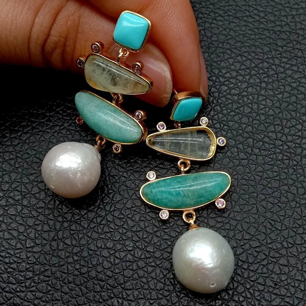 YYGEM Orecchini a bottone con perle bianche e turchese geometrico naturale, stile ufficio pieno da donna