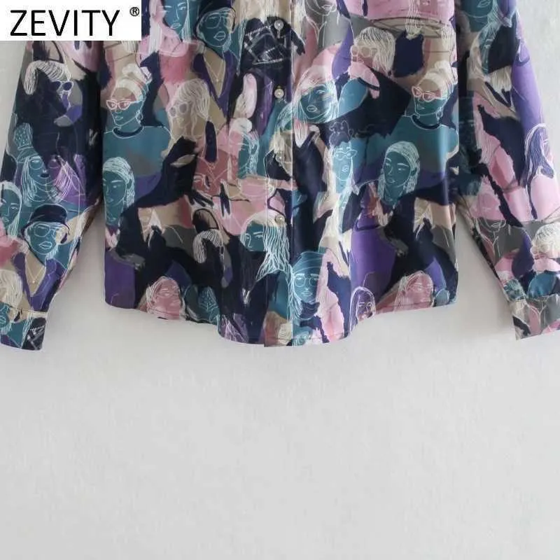 Zevity Frauen Vintage Abstrakte Bild Druck Smock Bluse Weibliche Langarm Einreiher Hemden Chic Blusas Tops LS9298 210603