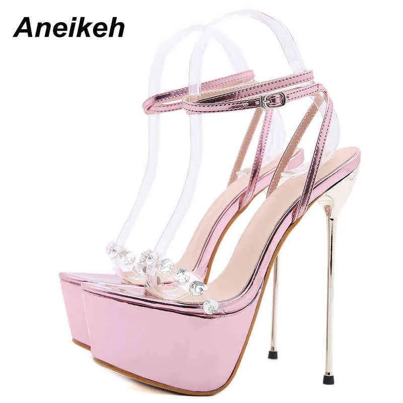 Sandales Aneikeh Sweet Femmes 2022 PVC Cristal Patchwork Plateforme Plate-forme Street High Talons Mariage Rose Pink Chaussures sexy 220121