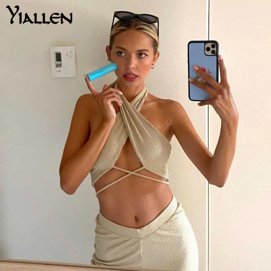 Yiallen Sexy Hollow Out Bandage Camisole Pantalon Deux Pièces Ensemble Femmes 2021 Fête D'été Vacances Plage Solide Côtelé Costume Lady Y0625