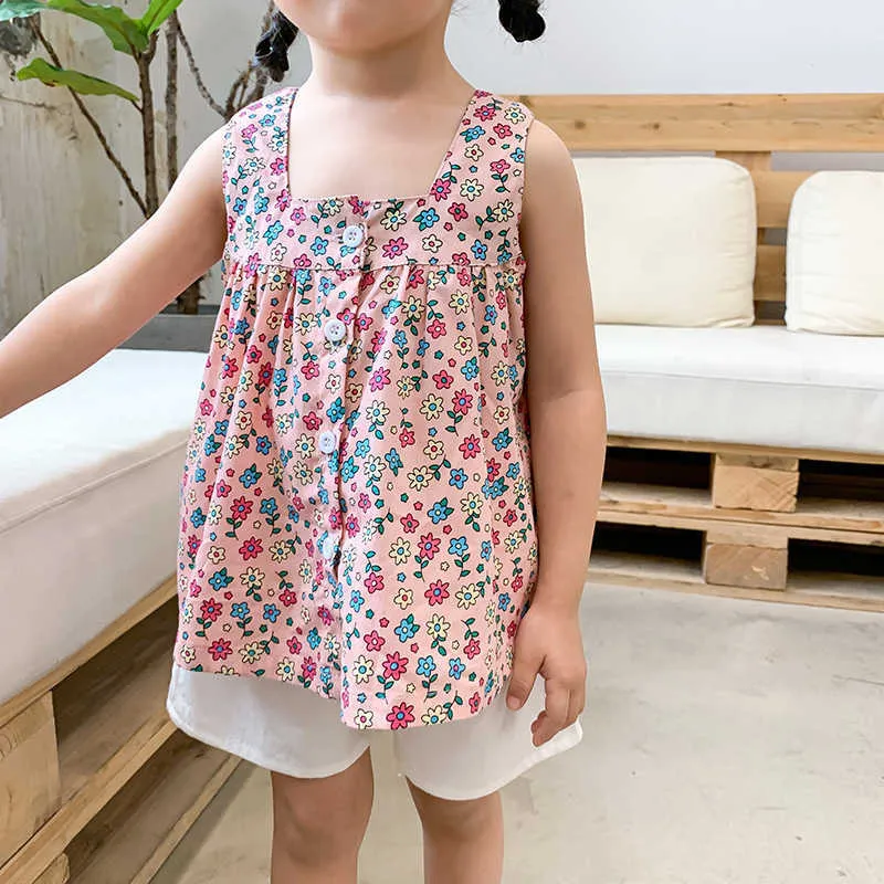 夏のかわいい赤ちゃんの女の子の花のノースリーブベストTシャツ1-6歳の子供綿の薄いサスペンダーティートップス210615