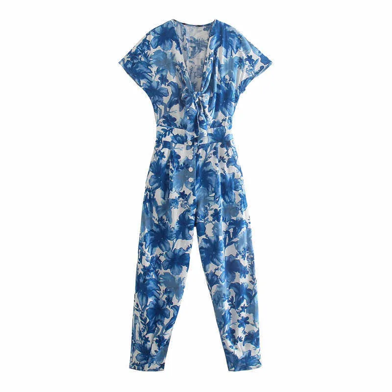 Za Flowers Print Blue Jumpsuit Vrouwen Vintage Korte Mouw V-hals Office Dame Romper Chic Button Up Geplooide Vrouw Jumpsuits 210602