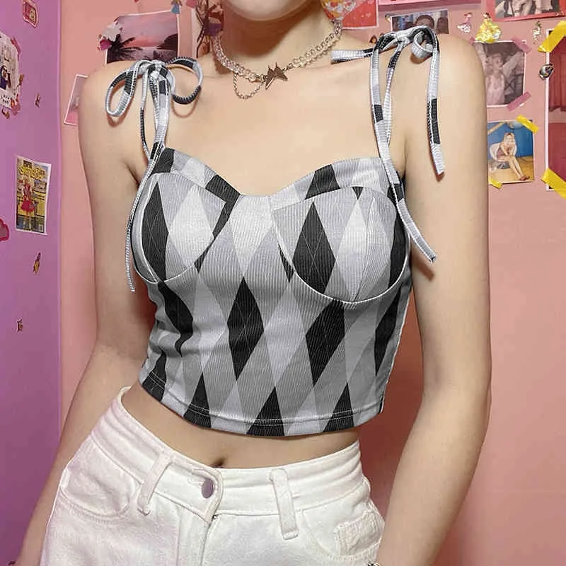 Argyle Print Y2k Camis Crop Top For Girls With Thin Strap Summer Women Vintage Plaid Shirt Sleeveless Kawaii Tee Female 210510