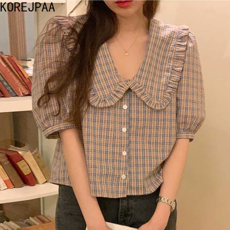 KOREJPAA Camisa das mulheres Korea Chic Retro Retro Stitching Costura Coleira Pregue Solta-Breasted Loose Bubble Sleeve Short Blouse 210526