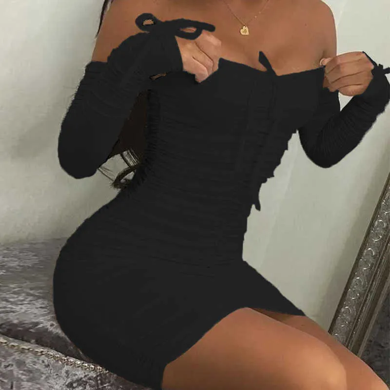 2021 Spring Summer Fashion Solid Party Sexy Slim Dresses Women Elegant Long Sleeve Ruched Club Dress Mini Tight Strapless Y0603