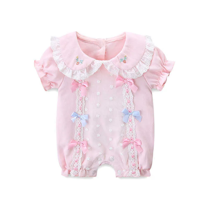 Baby Mädchen koreanischen Stil Strampler geboren Stickerei Strampler Sommer Säugling Baumwolle weiche Kleidung Mädchen Spitze rosa Overall Twin Outfits 210615