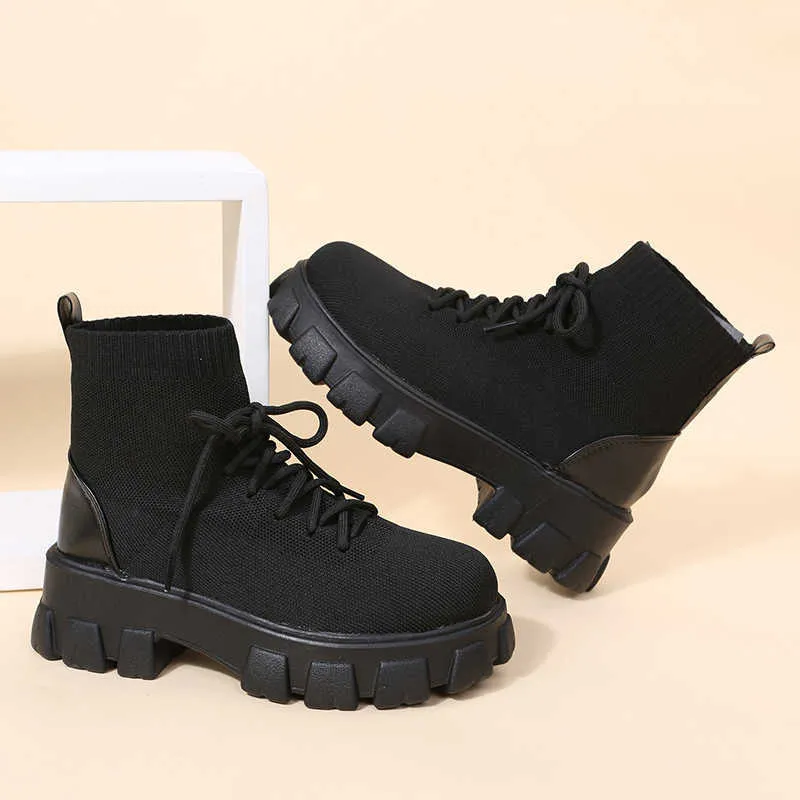 2021 Inverno Outono Novo Preto Plataforma de Lace-Up Meias Botas Casuais de Solicitação de Martin Goth Chunky Shoes Botas de Mujer Botte Y1018