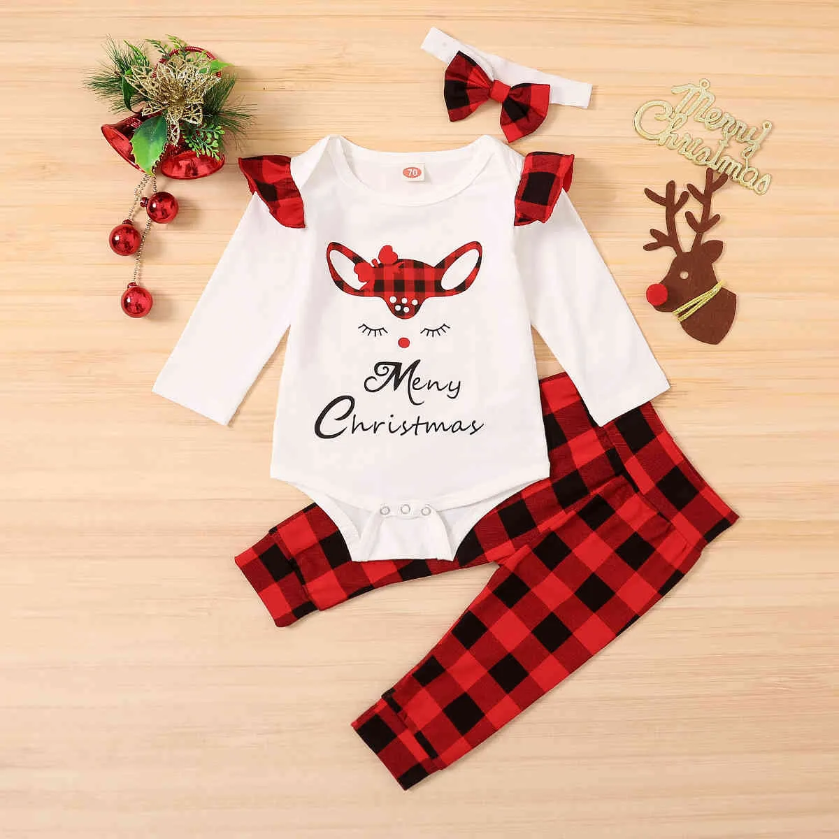 3-24M bébé né bébé fille joyeux Noël vêtements ensemble cerf barboteuse pantalon à carreaux bandeau tenues vêtements de Noël 210515