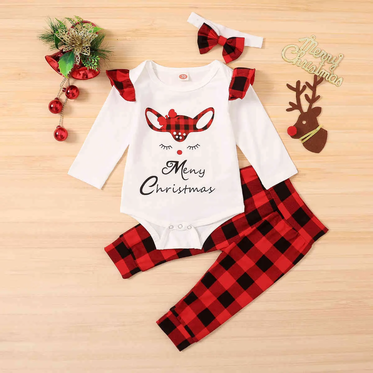 3-24M Zuigeling Geboren Babymeisje Merry Christmas Clothes Set Deer Romper Plaid Broek Hoofdband Outfits Xmas Kleding 210515