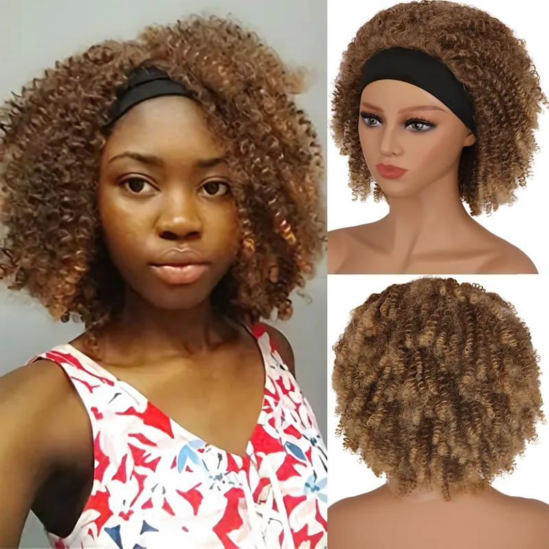 Perruque bandeau pour femmes noires Synthétique Afro Pinky Curly Wigs Coiffure de chaleur brune duveteuse à usage quotidien Direc5617661