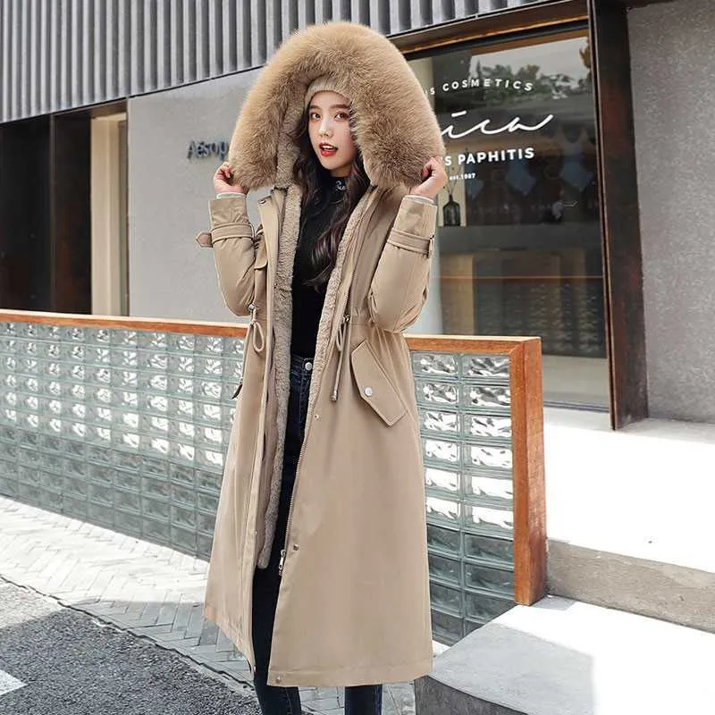 Ly Varey Lin Winter Long Coat Kvinnor Varmtjocklek Hooded Parkas Plus Storlek Stor Fur Collar Broderi Jackor Padded Coats 210526