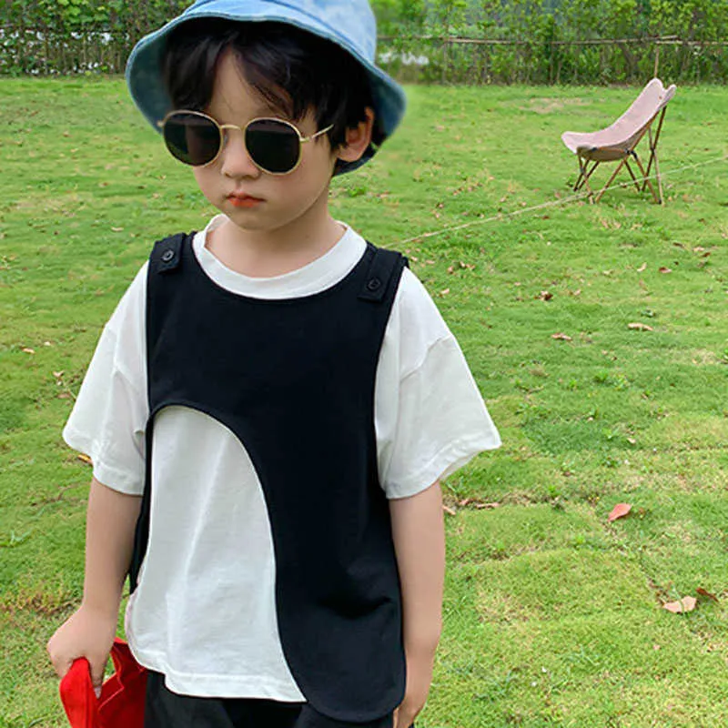 Baby Boy Summer Fashion Suit Versione coreana T-shirt lunga + Gilet irregolare Pantaloni carota 3 pezzi Abbigliamento bambini 210625