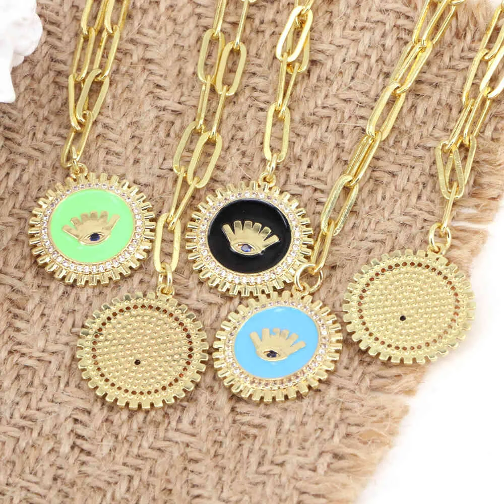 Girocollo a catena semplice colorato da 5 pezzi donna collana con pendente smaltato a moneta cubica con occhio turco 2021 gioielli di moda