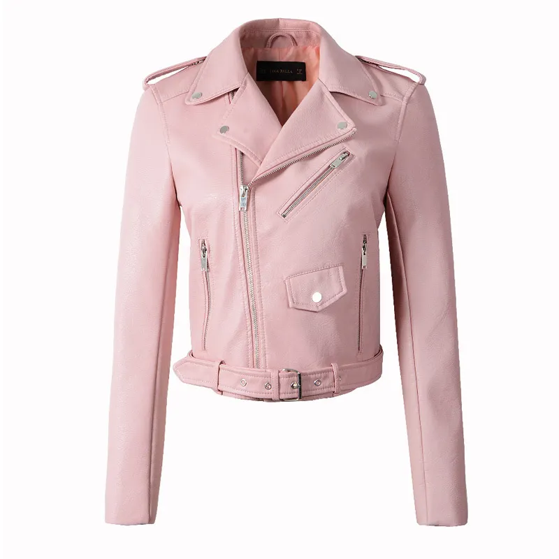 Fermeture à glissière PU Veste en cuir Court Rose Vestes de moto avec ceinture classique de base printemps femmes faux vêtements d'extérieur 210430