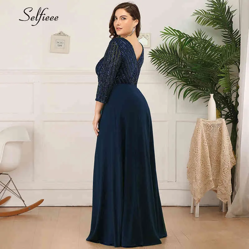 Vestido de talla grande para mujer, línea A, doble cuello en V, lentejuelas, manga 3/4, vestido de fiesta Formal brillante para mujer, vestido Maxi elegante para mujer, Vestidos 210323