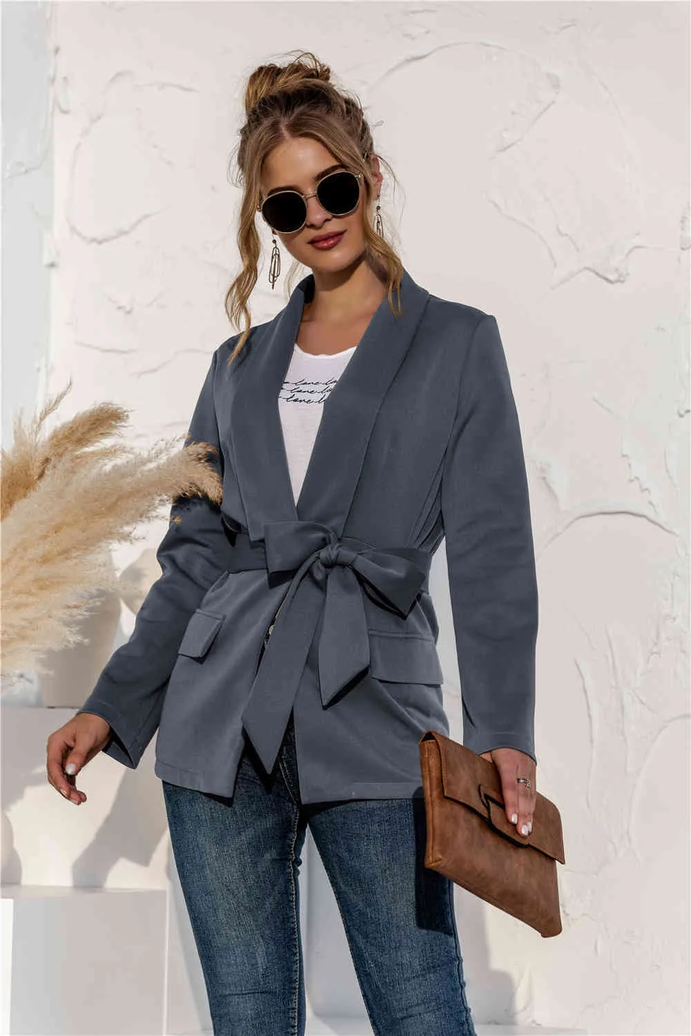 Fashion blue blazer for women coat casual lapel tie suit coats V-Neck Solid womens black blazer clothing High Street 210514