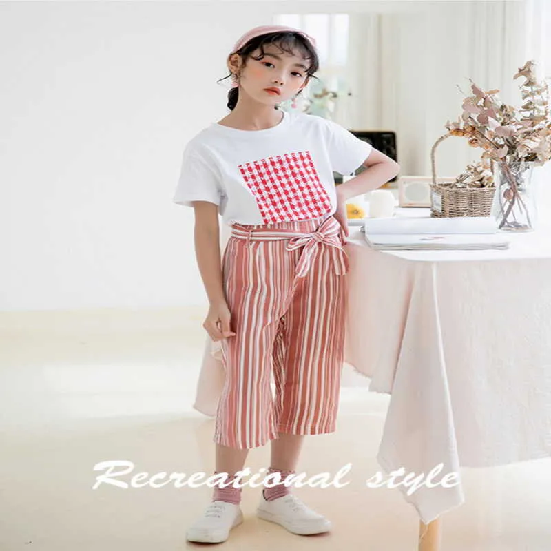 Summer Teenage Girl Sets White Shirt + red Striped Pants Kids Clothes Girls E2053 210610