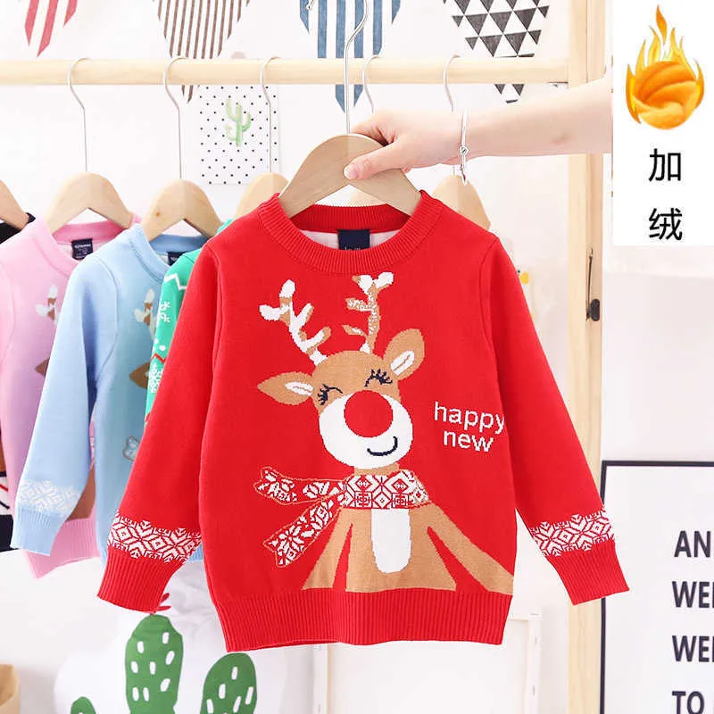 2021 herbst und winter neue kinder tragen mädchen Weihnachten fawn jumper kinder mit wolle baumwolle pullover Y1024