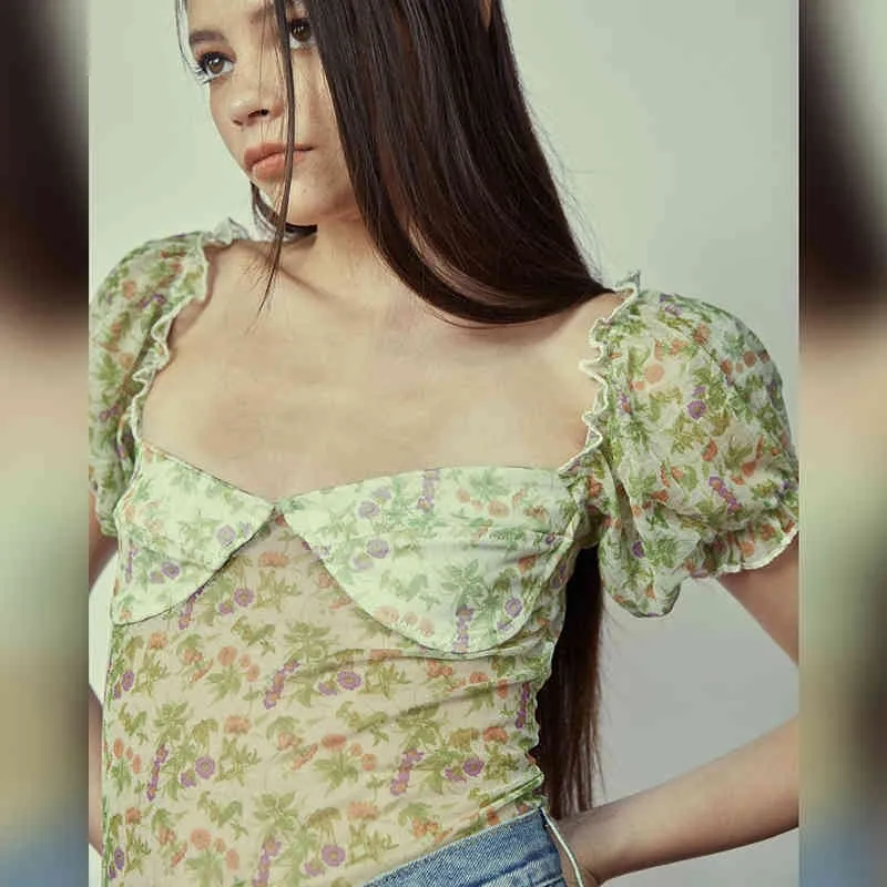 Y2K Vintage Slim Bow Crop Tops Slash See Floral Print Green Желтые Женщины Футболка Фея Гранж Bluss Одежда 210517