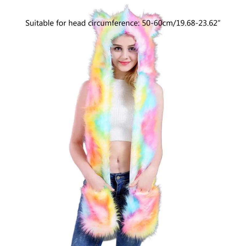 Boinas Mujeres 3 en 1 Sombrero de animal peludo Bufanda Guantes Mitones Sudadera con capucha de felpa colorida Paws326P