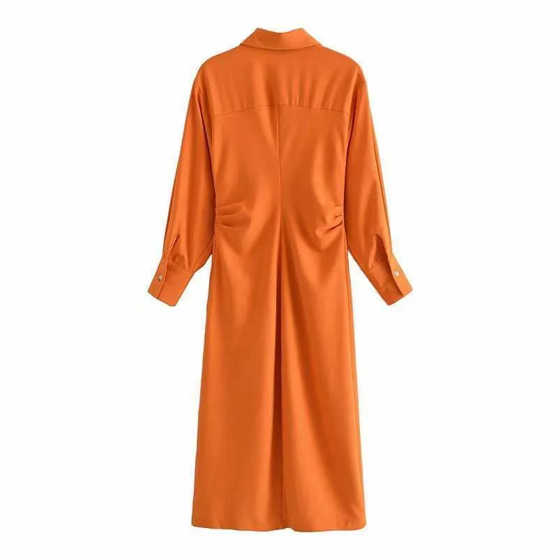 Vestido de camisa plisada para mujer Moda Mangas largas Botón-up Cremallera lateral Chic Lady Casual Midi Vestidos Mujer Robe 210709