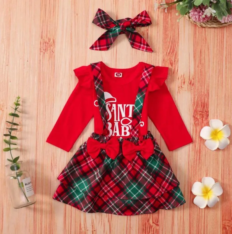 衣料品セット3本のクリスマスの赤ちゃん女の子衣装文字印刷長袖ロンパーチェック柄サスペンダースカートヘッドウェアセットクリスマスコスチューム