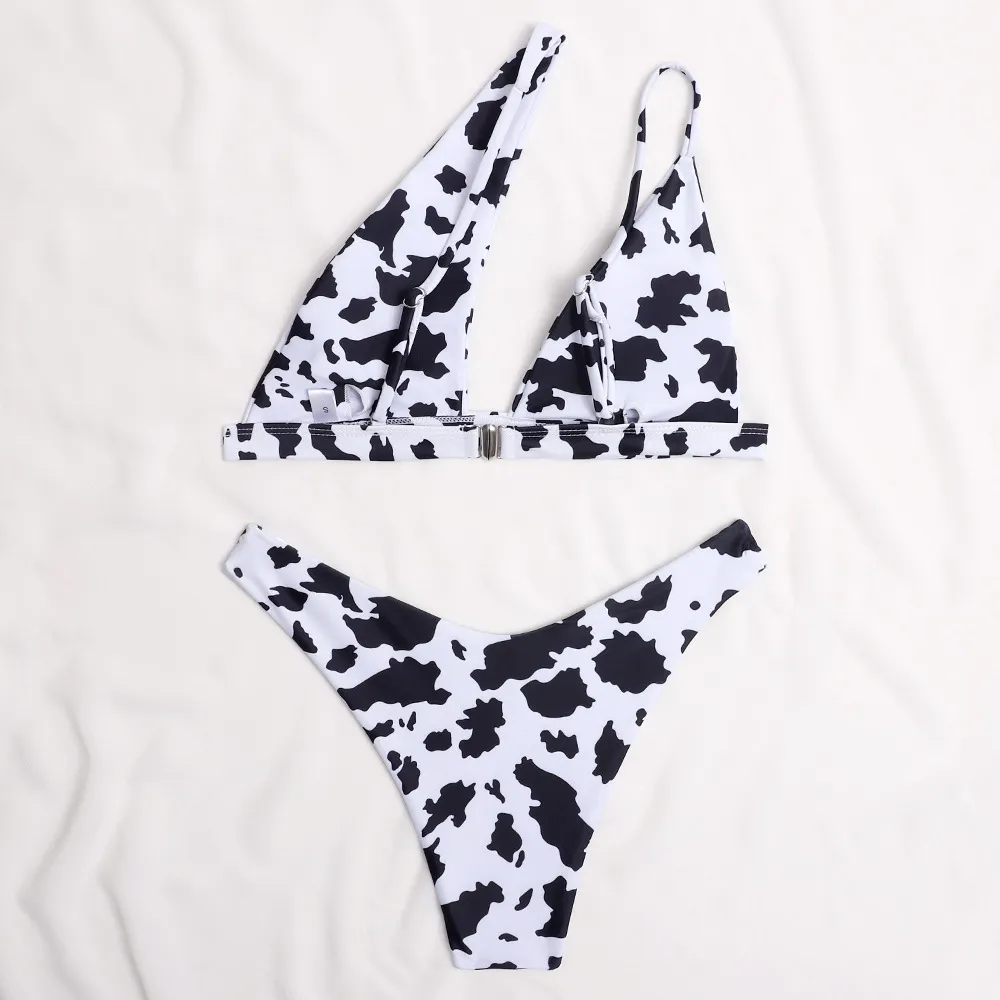 Cow Print Bikinis Kvinnors baddräkter Klipp ut Badkläder En axel Biquini Thong Badkläder Push Up Beachwear 210520