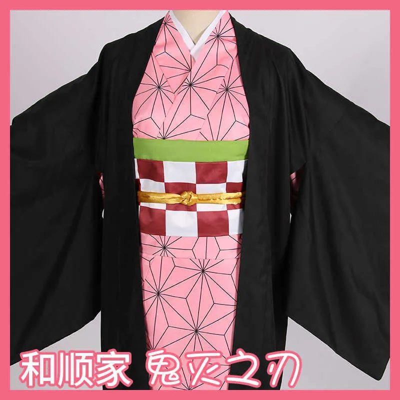 vuxen och barn Hot New Anime Demon Slayer: Kimetsu no Yaiba Cosplay Kamado Nezuko Kvinna Japansk Kimono Cosplay Kostym Y0903