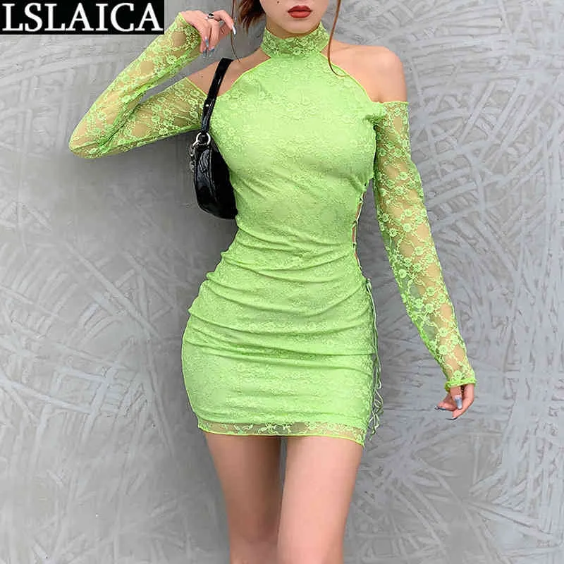 Green Dress Off Shoulder Hollow Out Strappy Dresses for Women Long Sleeve Skinny Night Club Casual Mini Vestido De Mulher 210515