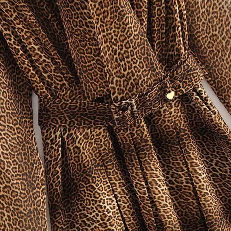 Lady Leopard Mini abito Papillon Colletto Manica lunga Abiti streetwear Fasciatura Pieghettato High Street Prendisole Robe Femme 210508