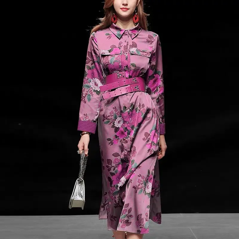 Plus Taille Corset À Manches Longues Midi Robes Violettes Dames Fleur Streetwear Rétro Imprimé Floral Vintage Ceinture 210421