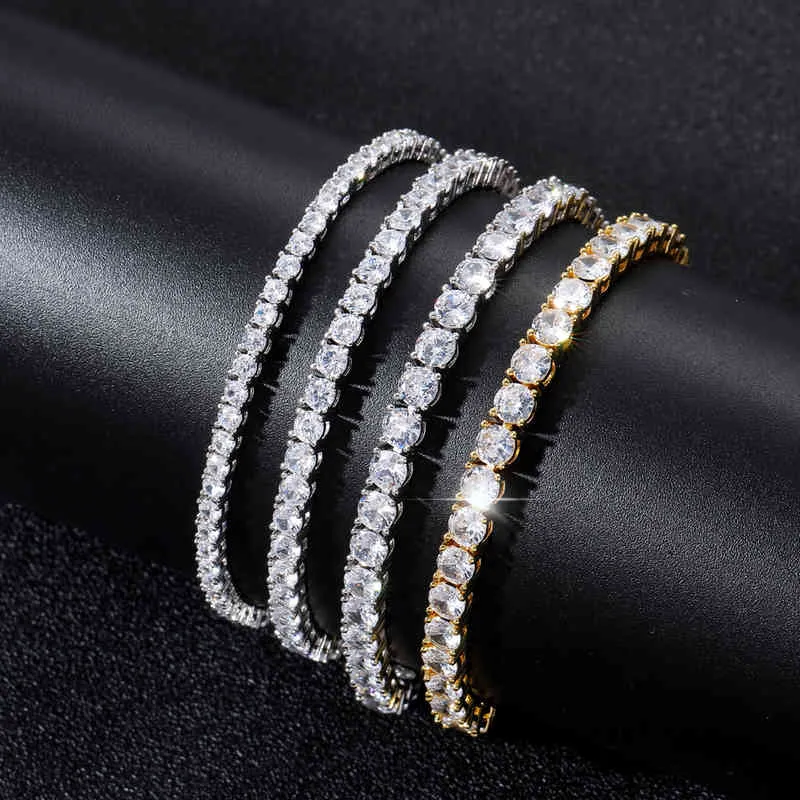 Printemps boucle Tennis 3A CZ 3mm 4mm 5mm 1 rangée zircone or argent couleur Bracelet pour hommes femmes glacé Hip Hop bijoux