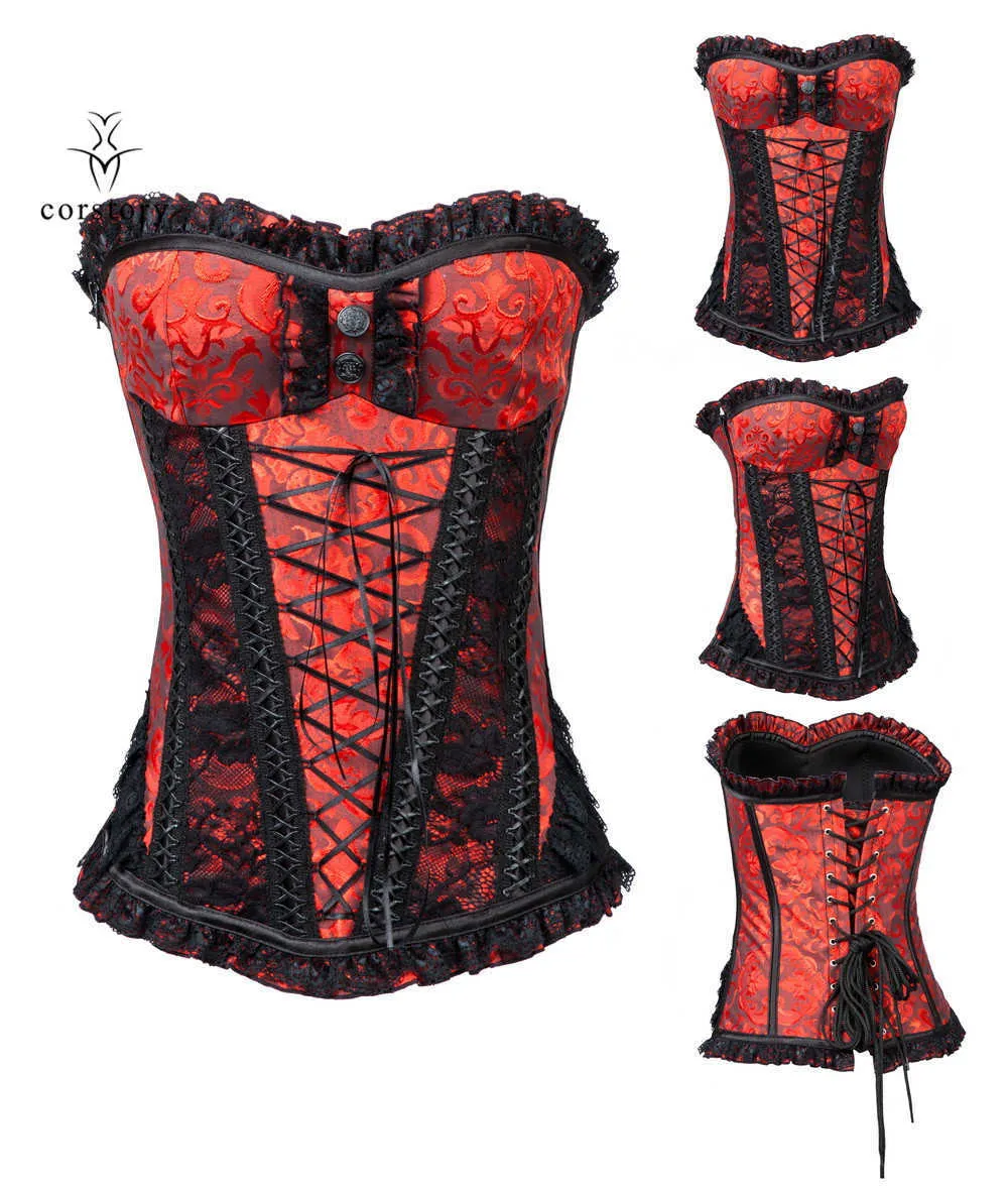 Corstory Siyah Brocade Dantel Korse ile Trimed Overbust Çelik Kemikli Bel Cincher Büstiyer Steampunk Victoria Bodyshaper