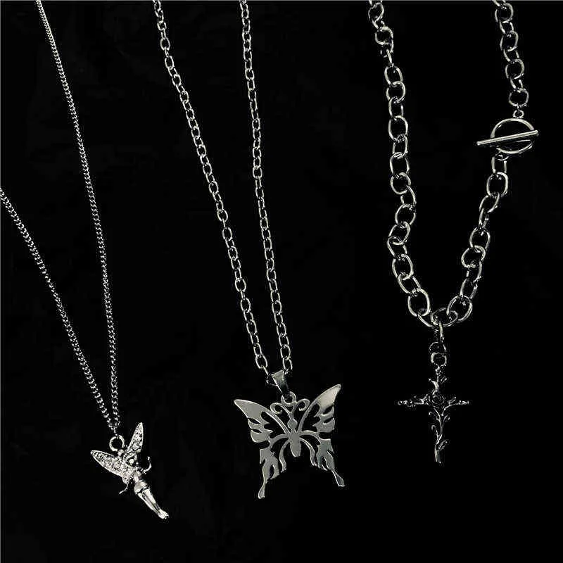 HUANZHI 2020 3 pièces/ensemble trois couches papillon croix ange pendentif Grunge chaîne en métal collier pour femmes Punk Cool Guy bijoux G1206