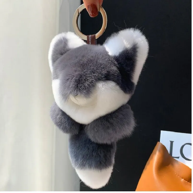 Stor riktig rex kanin päls keychain monster pompom docka nyckelring väska bil charm hängande räv med metall klo