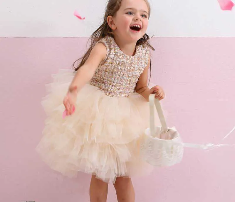 Retail lente herfst baby meisje feestjurken pluizig zachte gaas tiered tule baljurk voor bruiloft kinderkleding E10102 210610