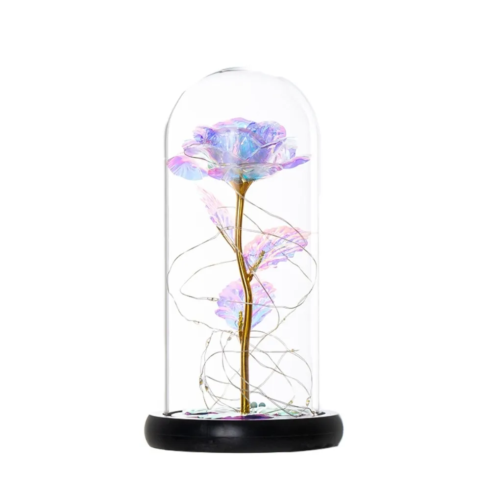 LED Zaklęta Galaxy Rose Eternal 24K Gold Foil Flower z bajkowymi światłami sznurkowymi w kopule na Boże Narodzenie Walentynki Prezent 21264o