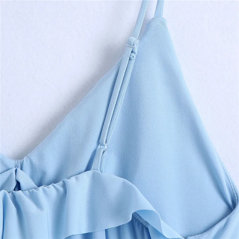 Flounced Edge Solid Blue Ärmlös Kvinnors SDRESSES Draped V-Hals Rak Sundress För Kvinnlig Elegant Mode Lång Klänning 210430