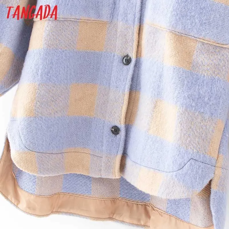Tangada vintage violet treillis long jacekt manteau femmes printemps chemise veste surdimensionné grande taille QJ101 211014