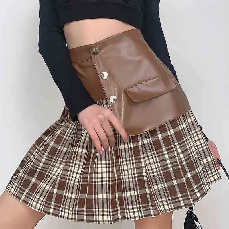 Mulheres saia moda mulheres pu retalhos de couro A-linha plissada mini saias para fêmea estilo estilo xadrez saias 210524